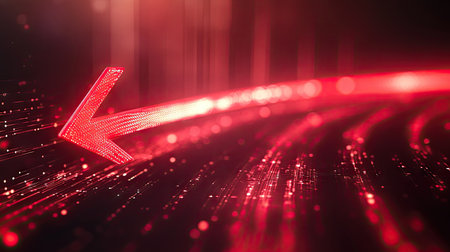 A curved red arrow pointing left on a futuristic, abstract background with light effects. Perfect for high-tech or innovation-themed bの素材