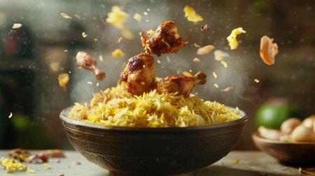 A creative shot of flying chicken biryani with saffron-infused rice, tender chicken pieces, and aromatic spices, floating in mid-airの素材