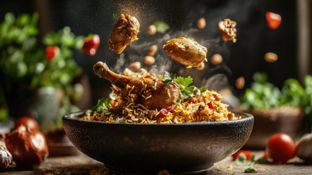 A dynamic shot of flavorful Hyderabadi chicken biryani with chicken, spices, and herbs flying in mid-air,の素材