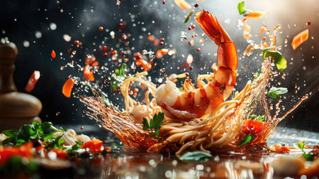 A dynamic image of Asian noodles leaping through the air with prawns and fresh veggies, capturing the vibrant flavorsの素材