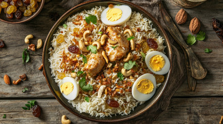 A delicious top view of chicken pulao, garnished with fried onions, boiled eggs, crunchy nuts, and plump raisinsの素材