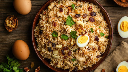 A delicious top view of chicken pulao, garnished with fried onions, boiled eggs, crunchy nuts, and plump raisinsの素材