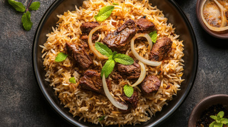 A delicious top view of spicy mutton biryani, with succulent pieces of mutton over long-grain basmati rice, garnished with fried onions and mint leaves,の素材