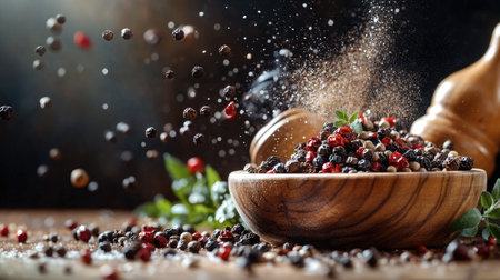 A dynamic freeze-motion capture of spice mills and pepper shakers levitating over a wooden bowl of peppercorns,の素材