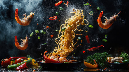 A dynamic image of Asian noodles leaping through the air with prawns and fresh veggies, capturing the vibrant flavorsの素材