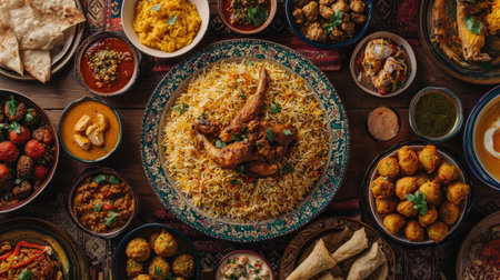 A delicious top view of a Ramadan feast, with chicken biryani, crispy samosas, fish curry, kofta, and pakoras,の素材