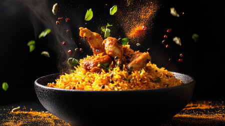 A dynamic shot of spicy chicken biryani with vibrant saffron rice and tender chicken, floating in mid-air with flying spices and herbsの素材