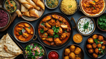 A dynamic top view of Arabic Iftar dishes such as chicken korma, pakoras, fish curry, and fried rolls, beautifully presented on a traditionalの素材