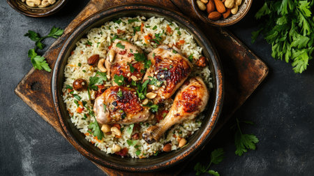 A mouthwatering top view of Chicken Mandi, with tender roasted chicken and flavorful rice, topped with fresh herbs and nuts,の素材