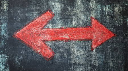 A large red arrow pointing left on a chalkboard-style background, symbolizing a change of direction. The arrow appears handの素材