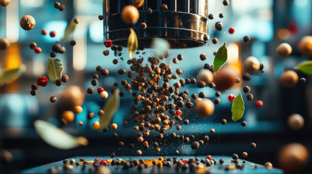 A mesmerizing shot of spice grinders in motion, with colorful peppercorns and fragrant bay leaves suspended in air,の素材