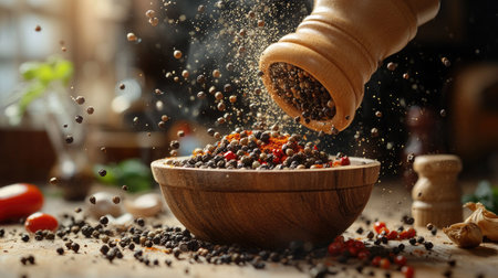 A dynamic freeze-motion capture of spice mills and pepper shakers levitating over a wooden bowl of peppercorns,の素材