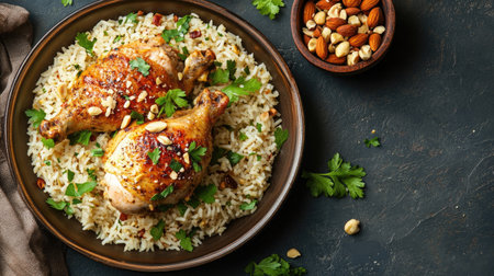 A mouthwatering top view of Chicken Mandi, with tender roasted chicken and flavorful rice, topped with fresh herbs and nuts,の素材