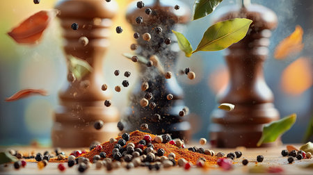 A mesmerizing shot of spice grinders in motion, with colorful peppercorns and fragrant bay leaves suspended in air,の素材