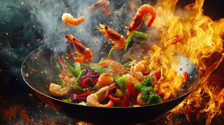 A dynamic freeze-motion shot of a wok pan filled with vibrant vegetables and shrimp soaring through the air, surrounded by vivid flames, capturing the excitement of high-3の素材