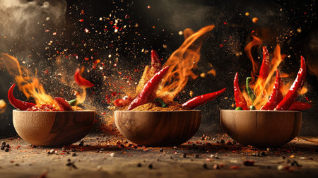 A mesmerizing freeze-motion shot of spices and chili peppers erupting from wooden bowls, surrounded by fiery flames and splashes of seasoning powder,の素材