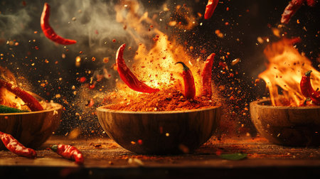A mesmerizing freeze-motion shot of spices and chili peppers erupting from wooden bowls, surrounded by fiery flames and splashes of seasoning powder,の素材