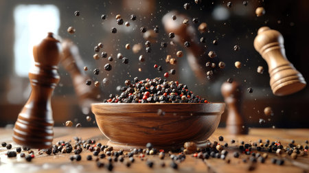 A dynamic freeze-motion capture of spice mills and pepper shakers levitating over a wooden bowl of peppercorns,の素材