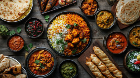 A mouthwatering top view of an Indian traditional food spread, with spicy biryani, dal, naan, chicken curry, samosas,の素材