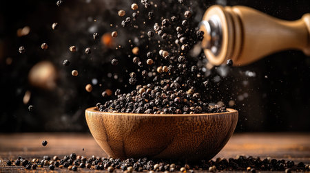 A mesmerizing shot of peppercorns spilling from a wooden bowl, with spice mills and pepper shakers caught in mid-air,の素材