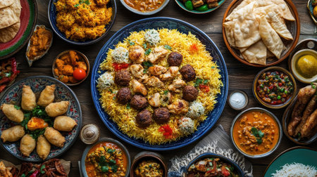 A detailed top-down view of a festive Ramadan spread, featuring chicken biryani, kofta, samosas, and fish curry, surrounded by delicious Iftar treats.の素材
