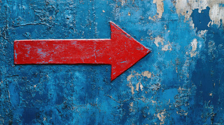 A bold red arrow pointing to the left on a textured blue surface, creating a strong contrast. Ideal for website navigation or user interface design.の素材