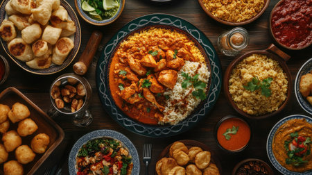 A dynamic top view of Arabic Iftar dishes such as chicken korma, pakoras, fish curry, and fried rolls, beautifully presented on a traditionalの素材