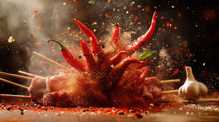 A captivating freeze-motion composition of hot red peppers and garlic soaring through the air, surrounded by a burst of spice powders and meat stakes,の素材