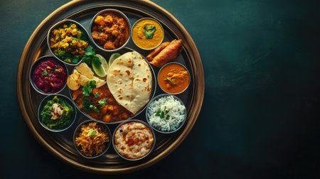 A beautifully crafted thali featuring an array of colorful dishes, positioned against a minimalist background,の素材