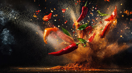 A captivating scene of spices and chili peppers suspended in mid-air, with vibrant flames and powder splashes,の素材
