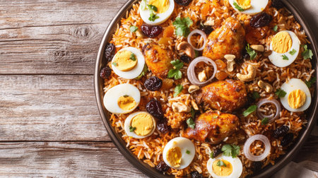 A delicious top view of chicken pulao, garnished with fried onions, boiled eggs, crunchy nuts, and plump raisinsの素材