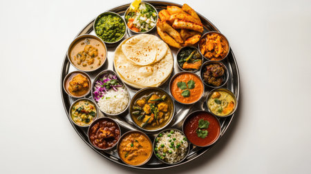 A beautifully arranged traditional Indian thali featuring a variety of colorful dishes, set against a clean white background,の素材