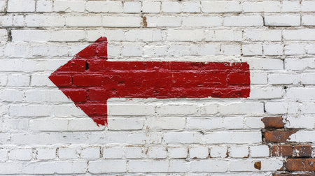A red arrow pointing to the left against a white brick wall background, representing urban design or a casual,の素材