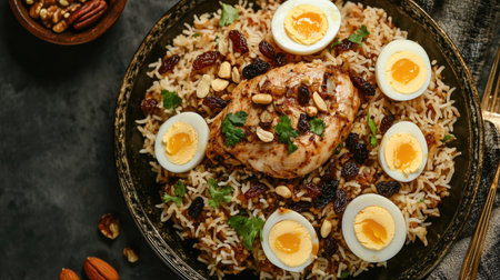 A horizontal top view of a plate of chicken pulao, richly garnished with fried onion, nuts, raisins, and halves of boiled eggs,の素材