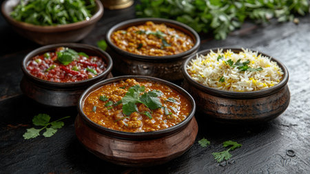 A tempting assortment of Indian cuisine featuring dal curry, kofta curry, and chicken biryani served in traditional bowls,の素材