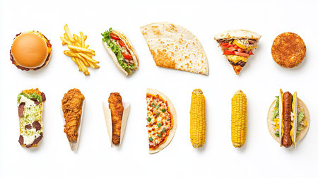 A fast food collection close-up showing fried chicken, a slice of pizza, fries, tacos, chicken burger, corndog, shawarma, and burrito,の素材
