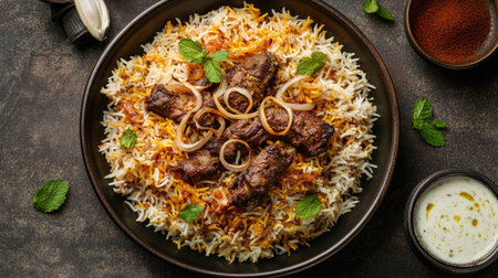A delicious top view of spicy mutton biryani, with succulent pieces of mutton over long-grain basmati rice, garnished with fried onions and mint leaves,の素材