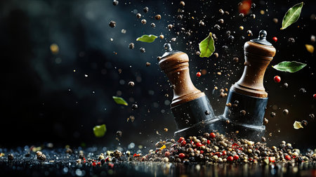 A thrilling freeze-motion image of two spice mills floating above a dark surface, with colorful peppercorns and fresh bay leaves swirling aroundの素材