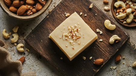 A close-up of a piece of kaju katli on a textured surface, accompanied by a small bowl of mixed nuts,の素材