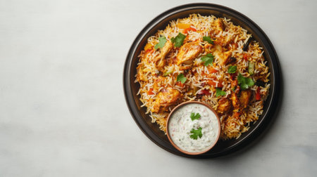A beautiful arrangement of Chicken Biryani on a plate, complemented by a side of raita, set on a simple background that allows for clear copy space.の素材