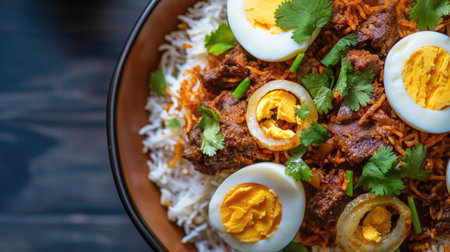 A detailed top-down view of Indian mutton biryani, with spicy meat and basmati rice, adorned with fried onions, boiled eggs, and fresh cilantro,の素材