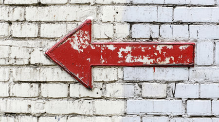A red arrow pointing to the left against a white brick wall background, representing urban design or a casual,の素材