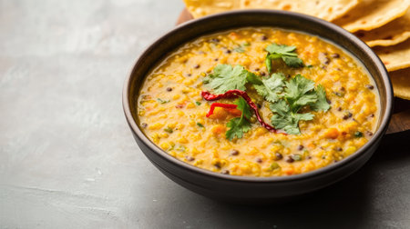 A single bowl of aromatic dal served with crispy papadum, placed on a simple background,の素材