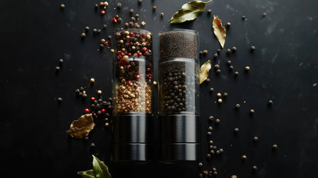 A stunning overhead capture of two spice mills with levitating ingredients, including peppercorns and bay leaves,の素材