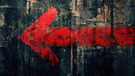 A bold red arrow pointing left on a distressed, grunge-style background with dark tones, ideal for edgy or industrial-themed designsの素材