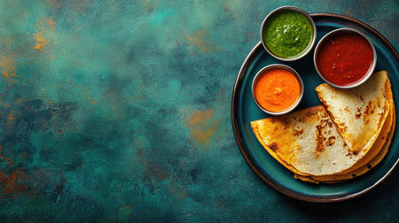 A plate of steaming dosas arranged neatly, with colorful chutneys around them, set against a minimalist backdropの素材