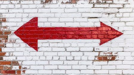 A red arrow pointing to the left against a white brick wall background, representing urban design or a casual,の素材