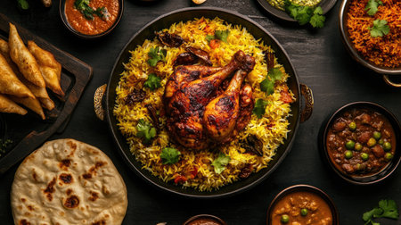 A rich top-down image of a Ramadan feast featuring chicken curry, spicy biryani, naan, samosas, and dal,の素材