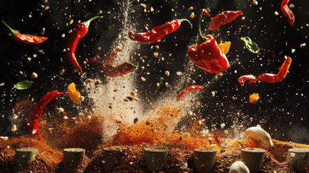 A thrilling composition of spices, hot red peppers, and garlic flying in a freeze-motion scene above meat stakes,の素材
