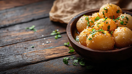 A single serving of pani puri on a rustic table, with ample room around it for branding or promotional text, offering a warm,の素材